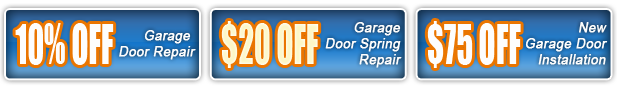 10% off garage door repair, $20 off garage door spring repair, $75 off new garage door installation 